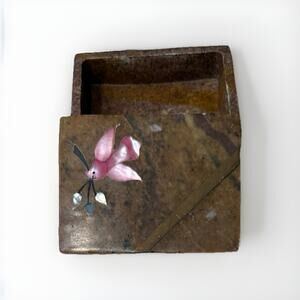 Hand Carved Soapstone Incense Trinket Fragrance Box Mother of Pearl Flower 4”